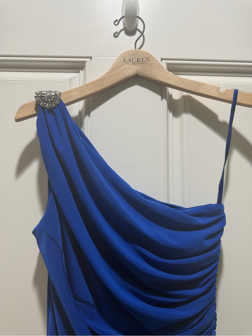 Ralph Lauren Royal Blue One-Shoulder Draped Gown with Jeweled Accent